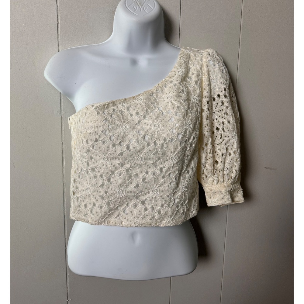 NWT Topshop Womens Cream Floral Eyelet Lace 1 Shoulder Puff Sleeve Crop Top Sz 6
